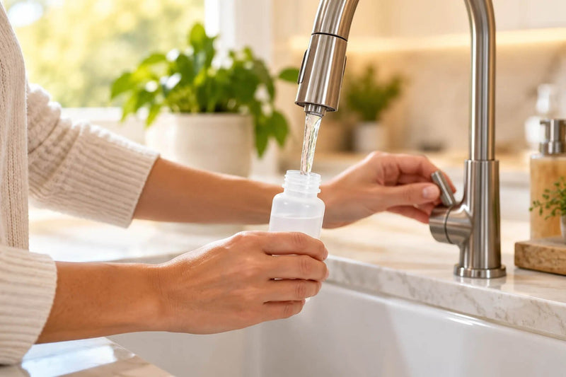 Hands collecting a water sample from a kitchen faucet to use with a home water testing kit.