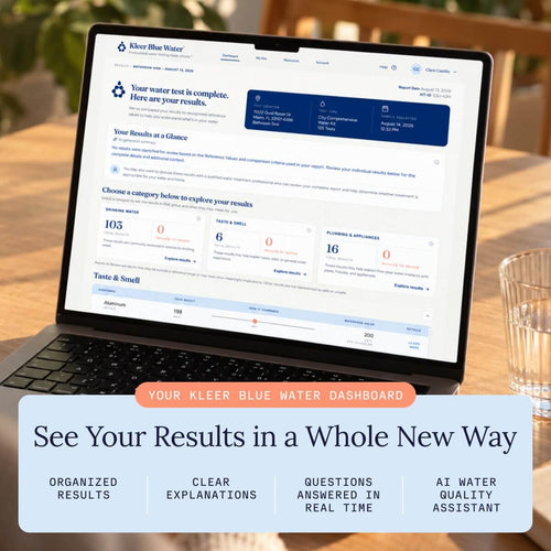 Kleer Blue Water City Comprehensive dashboard displaying exhaustive municipal water testing laboratory analysis and an AI assistant.