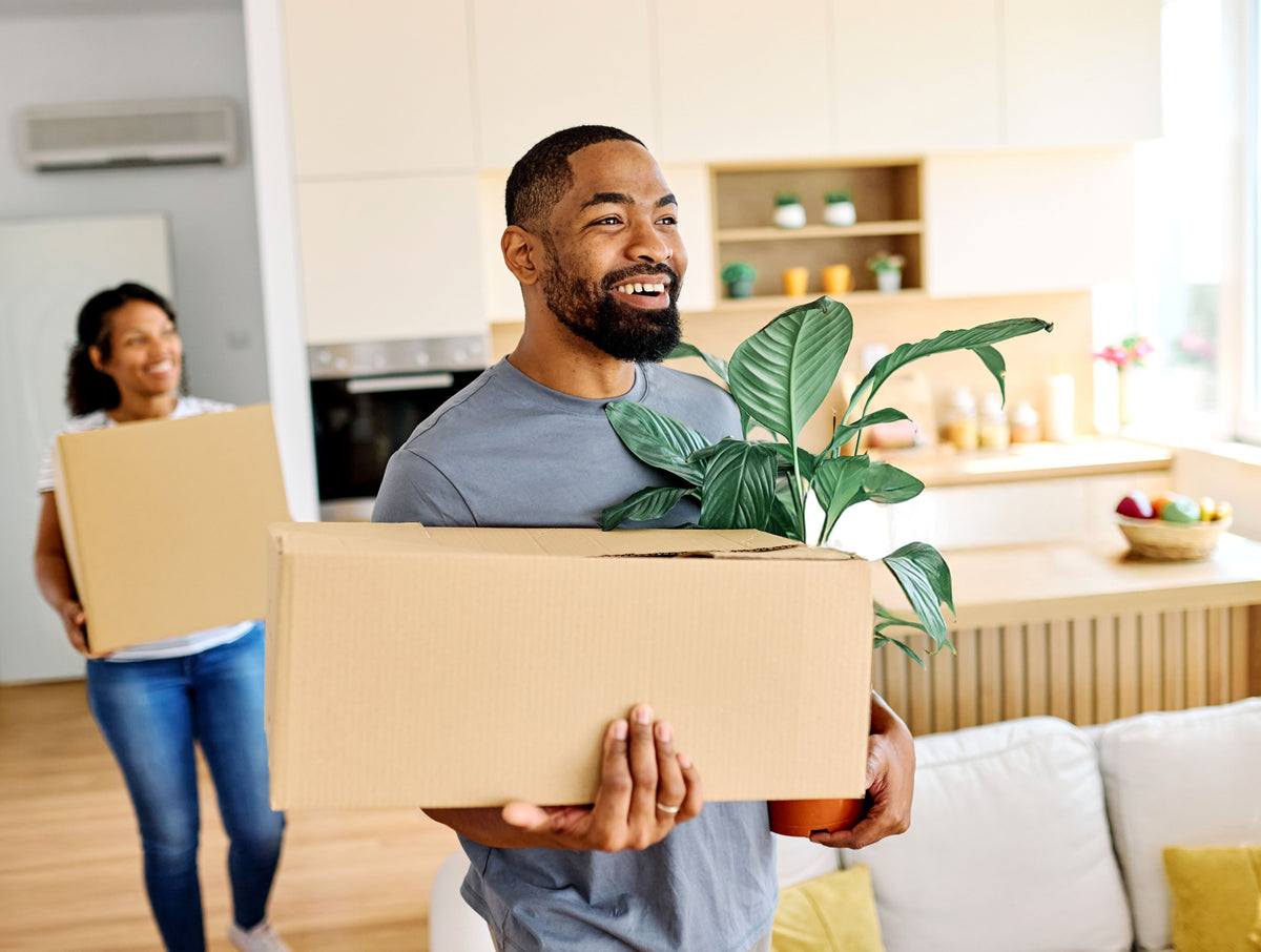 Couple carrying moving boxes into a new house after checking tap water safety with a home water test kit.