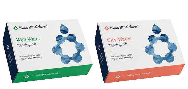 Two Kleer Blue Water home water test kit boxes for private well water testing and municipal city tap water analysis.