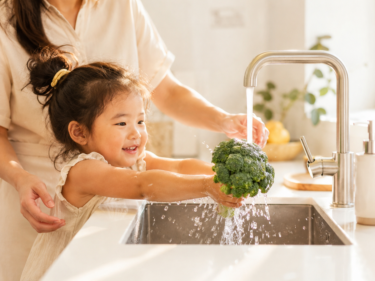 Parent and young child washing broccoli at a kitchen sink with private well water tested by a well water test kit.